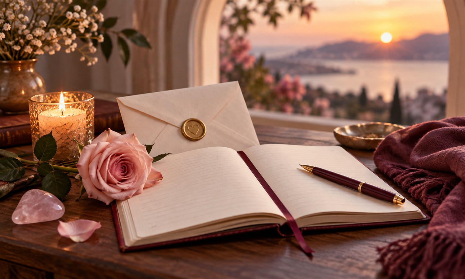 Weekly love guidance journal with rose quartz, candle and pink rose