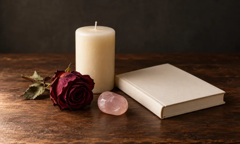 Ivory candle, rose quartz, dried rose, and blank journal on dark walnut