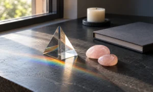 Glass prism, rose quartz stones, and blank notebook in natural window light