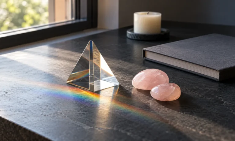Glass prism, rose quartz stones, and blank notebook in natural window light