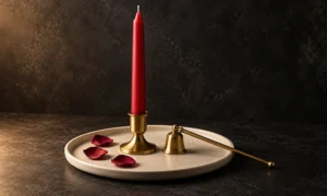 Unlit red taper candle in a stable brass holder with snuffer and rose petals