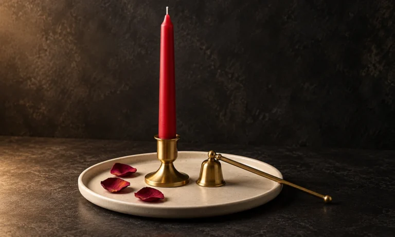 Unlit red taper candle in a stable brass holder with snuffer and rose petals