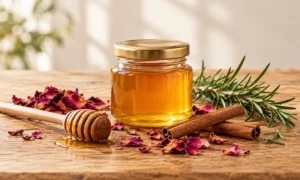 Unlabeled honey jar with dipper, cinnamon, rose petals, and rosemary
