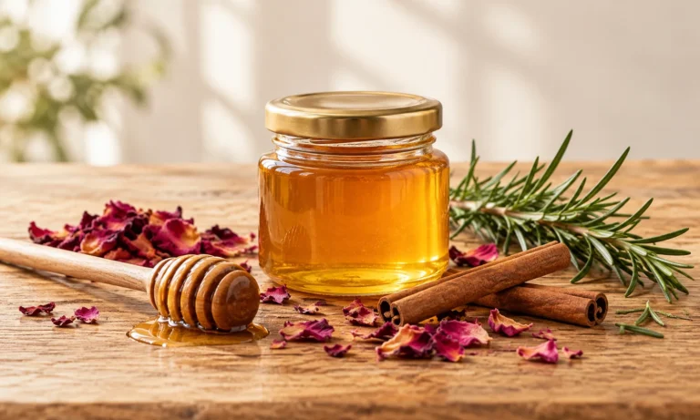 Unlabeled honey jar with dipper, cinnamon, rose petals, and rosemary
