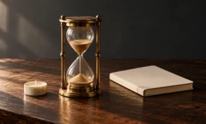 Brass hourglass, blank pocket notebook, and unlit candle on dark walnut