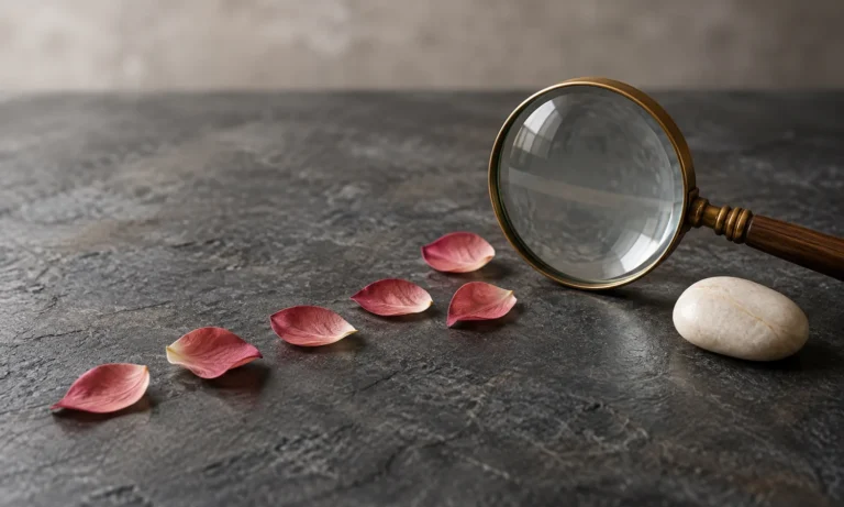 Magnifying lens beside seven rose petals and a smooth ivory pebble