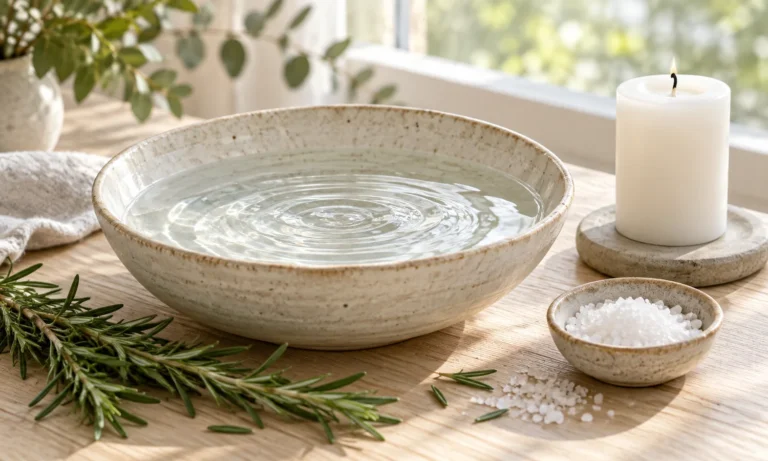 Clear water, sea salt, rosemary, and an extinguished white candle on pale wood