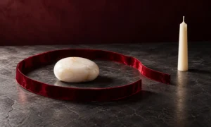 Open burgundy ribbon around a boundary stone with an unlit candle beyond the gap