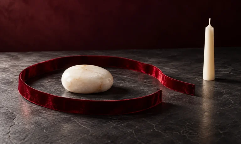 Open burgundy ribbon around a boundary stone with an unlit candle beyond the gap
