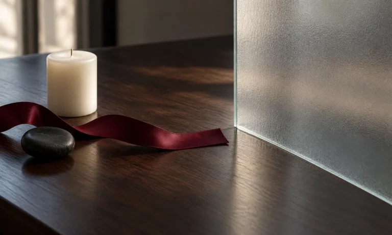 Burgundy ribbon stopping before a frosted-glass boundary beside a candle and stone
