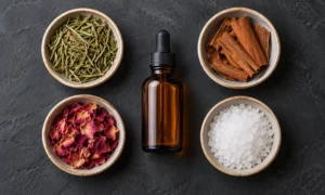 Separate bowls of rosemary, cinnamon, rose petals, and salt with an amber bottle