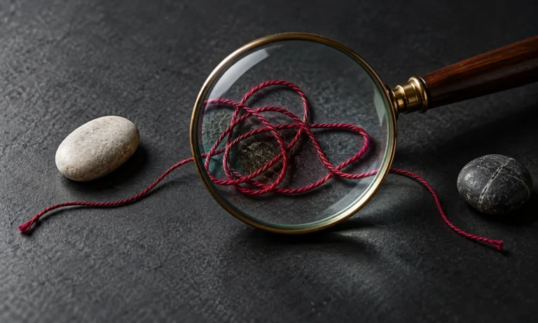 Magnifying lens examining loose burgundy thread between two boundary stones