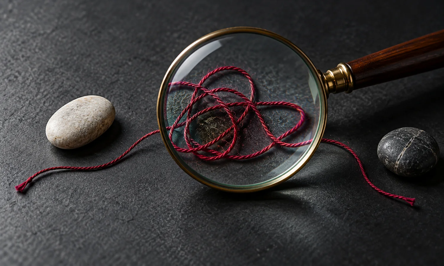 Magnifying lens examining loose burgundy thread between two boundary stones
