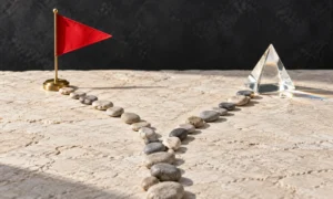 Two pebble paths leading to a plain red warning flag and a clear prism