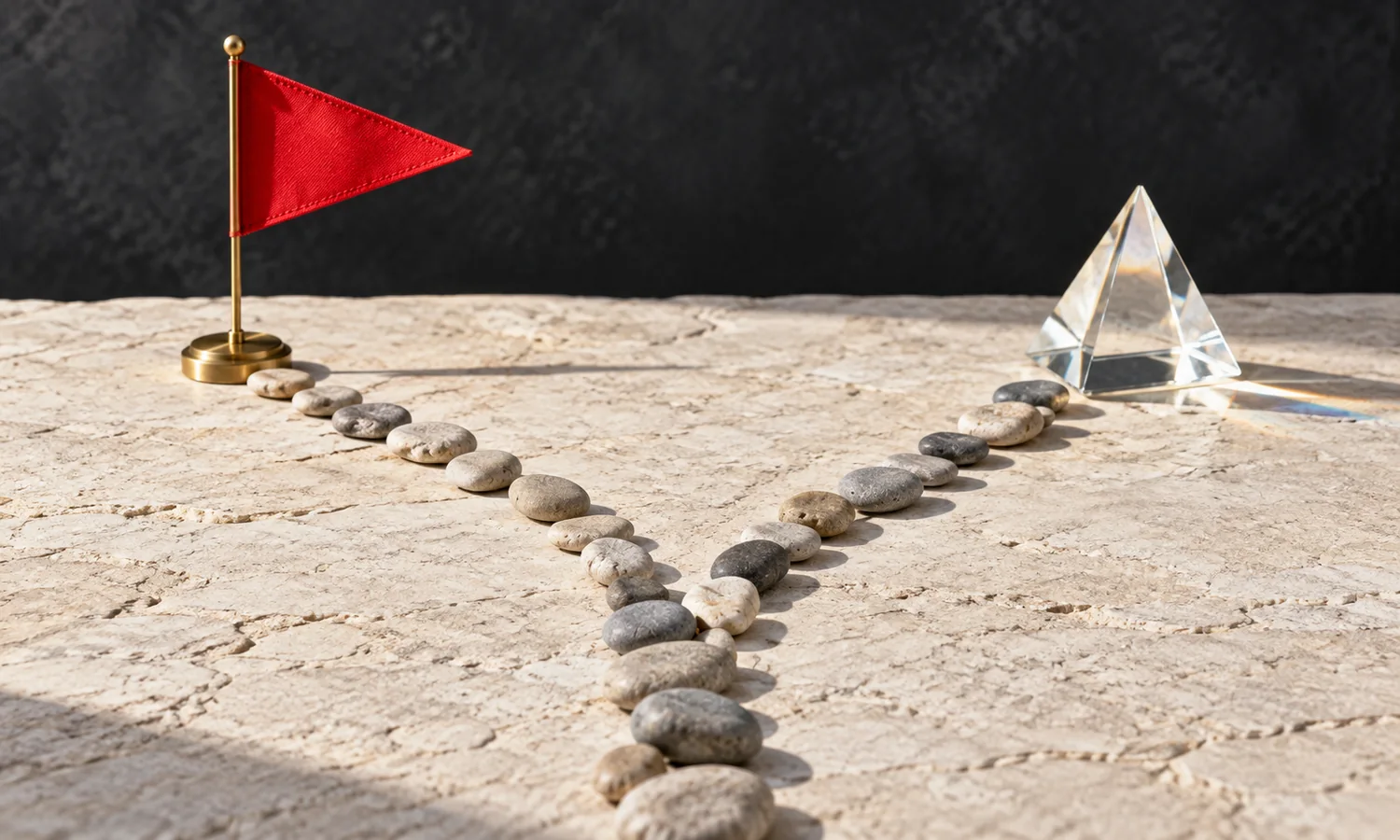 Two pebble paths leading to a plain red warning flag and a clear prism