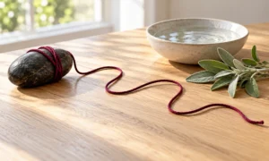 Loose burgundy cord uncoiling from a grounding stone toward water and sage