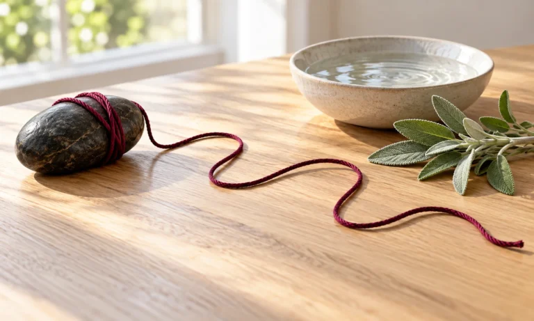 Loose burgundy cord uncoiling from a grounding stone toward water and sage