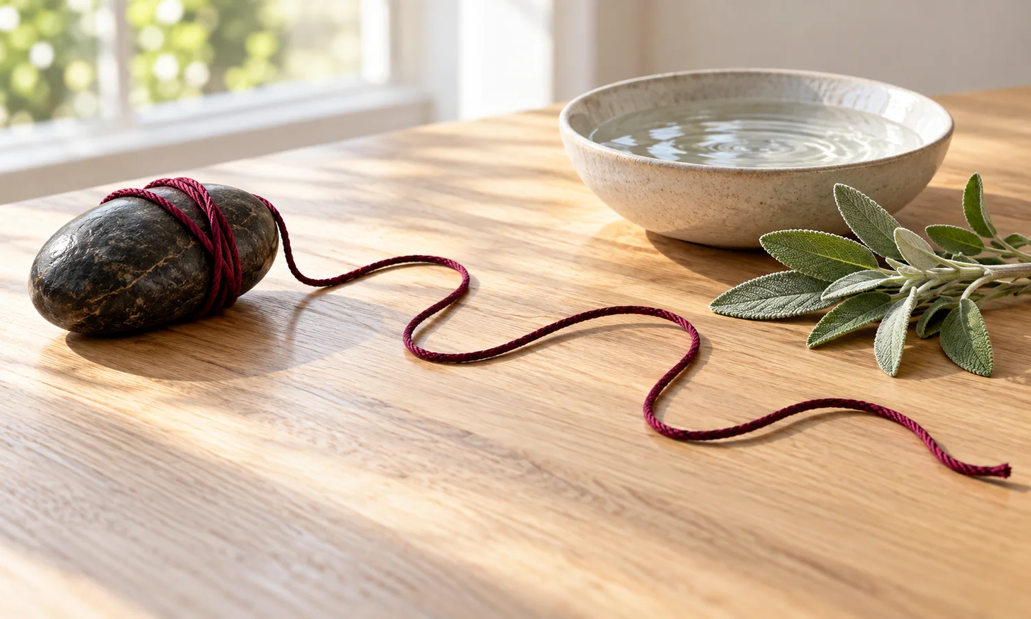 Loose burgundy cord uncoiling from a grounding stone toward water and sage