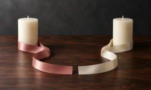 Two separate ivory candles with rose and cream ribbons forming an open loop