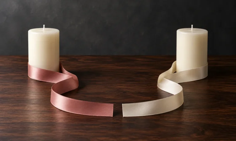 Two separate ivory candles with rose and cream ribbons forming an open loop