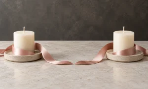 Two equal candles on separate coasters with ribbon ends meeting gently between them