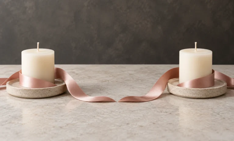 Two equal candles on separate coasters with ribbon ends meeting gently between them