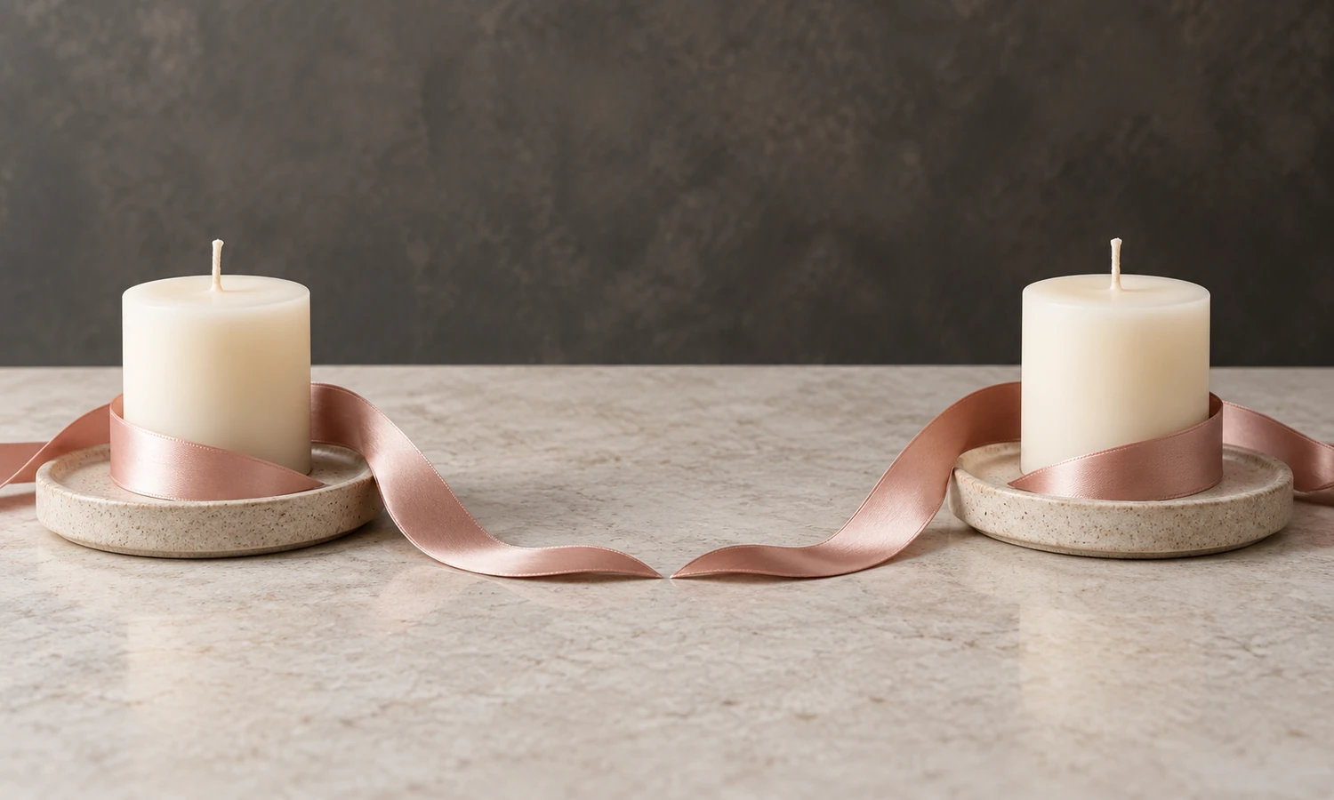 Two equal candles on separate coasters with ribbon ends meeting gently between them