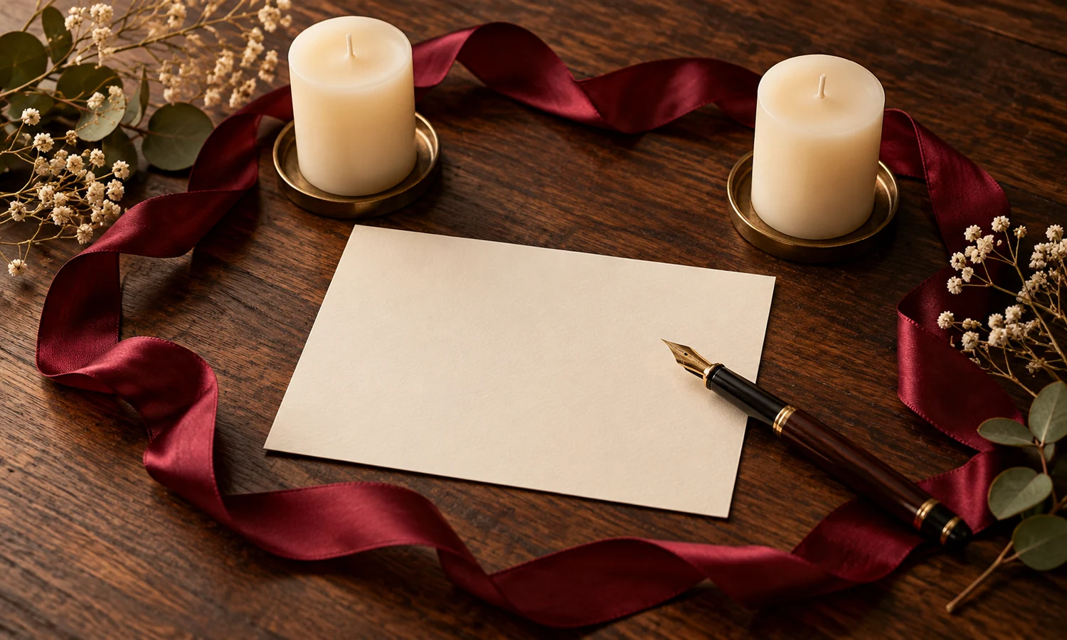 Blank intention card, fountain pen, equal ivory candles, and an open burgundy ribbon