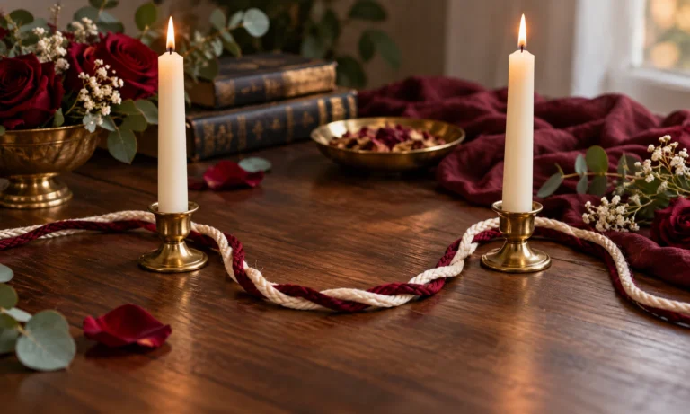 Cream and burgundy cords gently braided beside two separate ivory candles