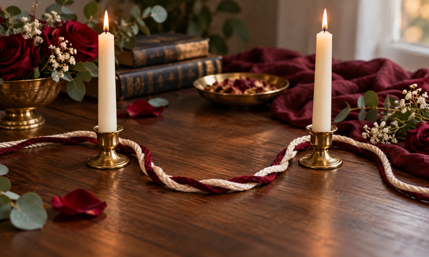 Cream and burgundy cords gently braided beside two separate ivory candles