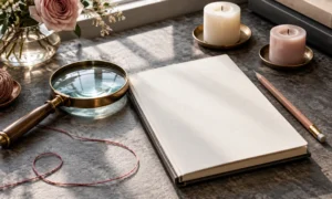Magnifying glass, blank journal, pencil, candles, and loose rose thread