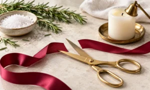 Brass scissors, cut burgundy ribbon, white candle, sea salt, and rosemary