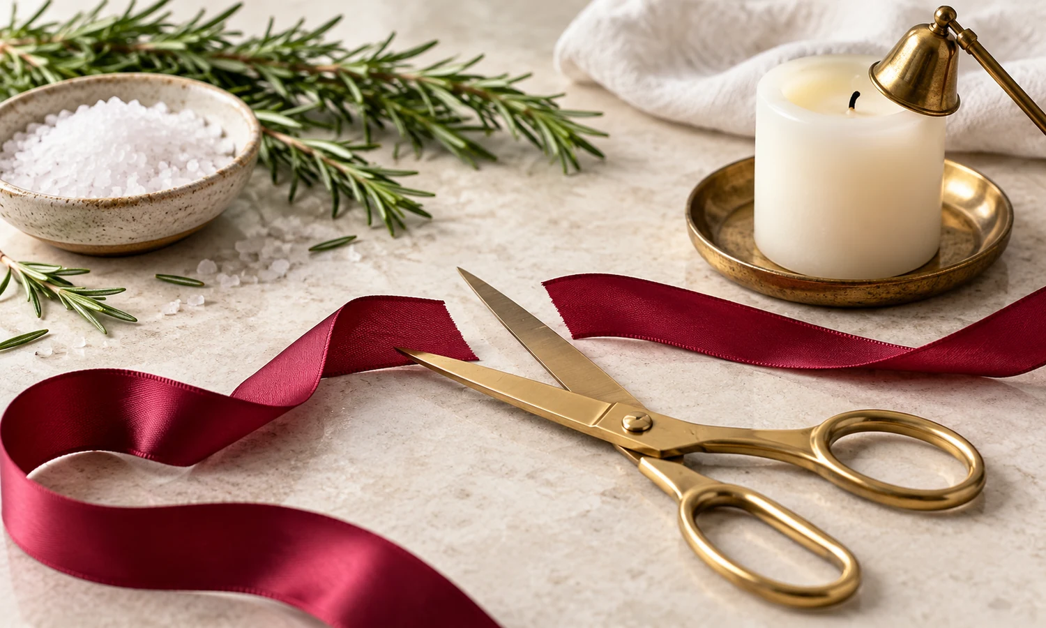 Brass scissors, cut burgundy ribbon, white candle, sea salt, and rosemary