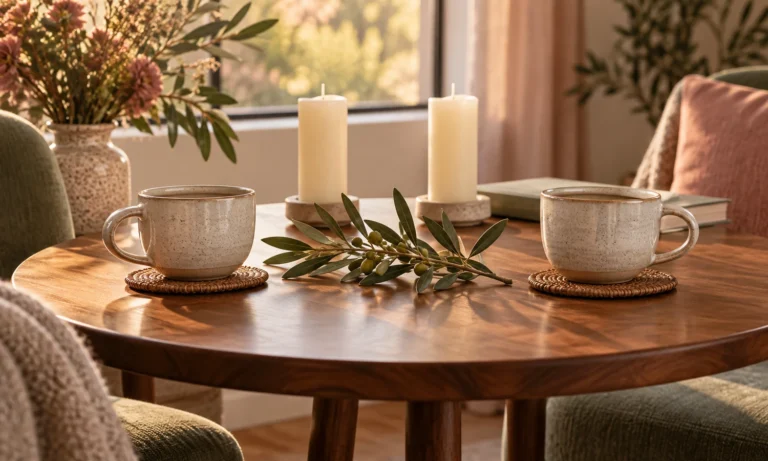 Two cups, an olive branch, and two separate equal candles on a round table