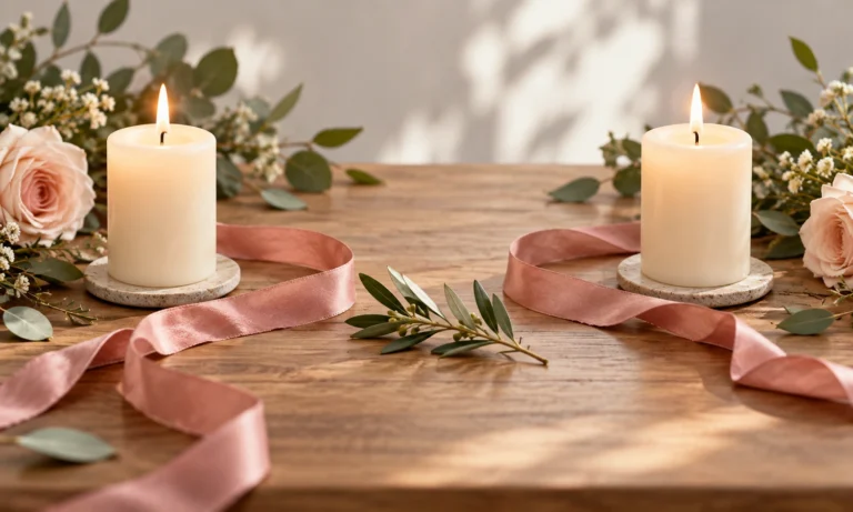 Separate ivory candles, two open ribbon arcs, and an olive sprig