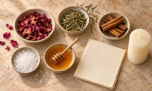 Rose petals, rosemary, cinnamon, salt, honey, blank paper, and an ivory candle