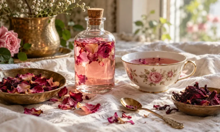 Glass potion bottles, herbs and flowers arranged as a historical love potion still life