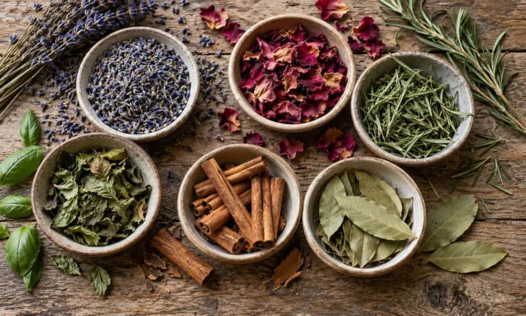Rose petals, lavender, rosemary and other traditional love spell herbs on a wooden table