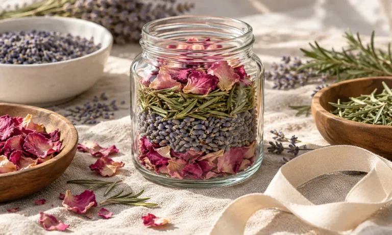 Glass spell jar with rose petals, herbs and a pink candle in warm light