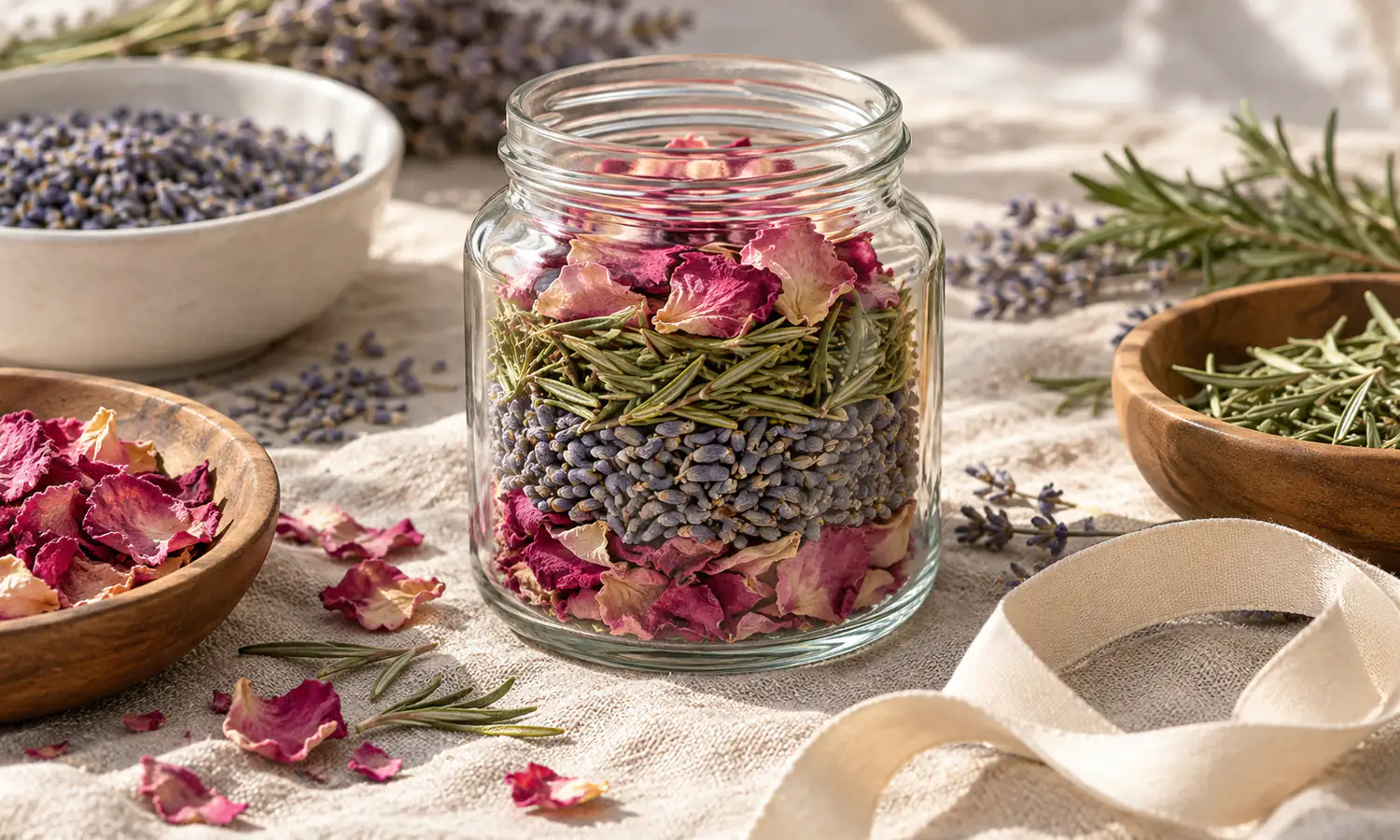 Glass spell jar with rose petals, herbs and a pink candle in warm light