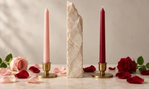Pink and red candles with roses showing traditional love candle color meanings