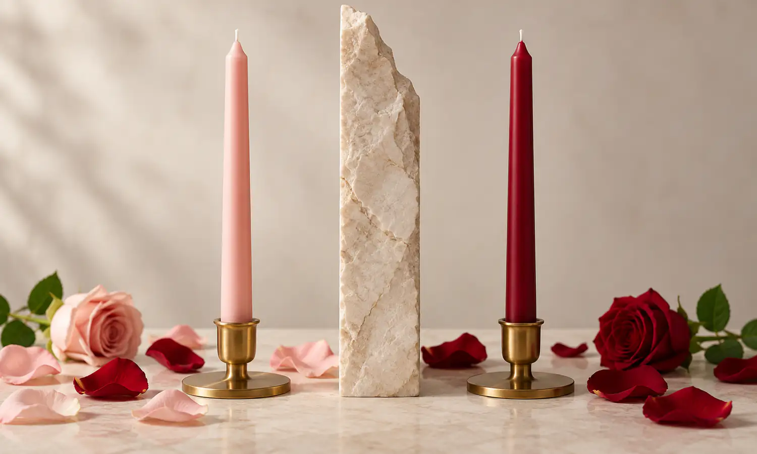 Pink and red candles with roses showing traditional love candle color meanings