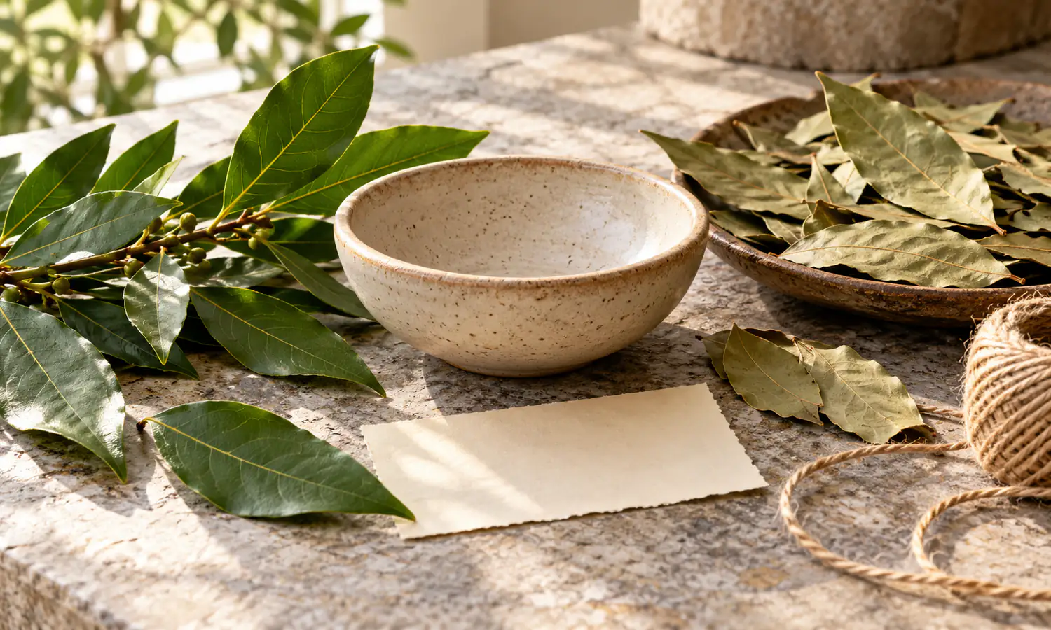 Bay leaves, candle and blank paper arranged for a symbolic love intention ritual