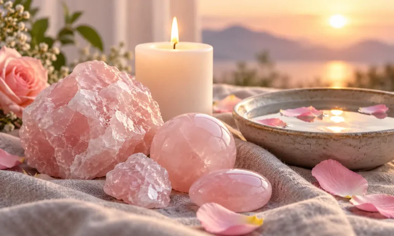 Rose quartz crystals, pink candle and roses in a gentle self-love setting