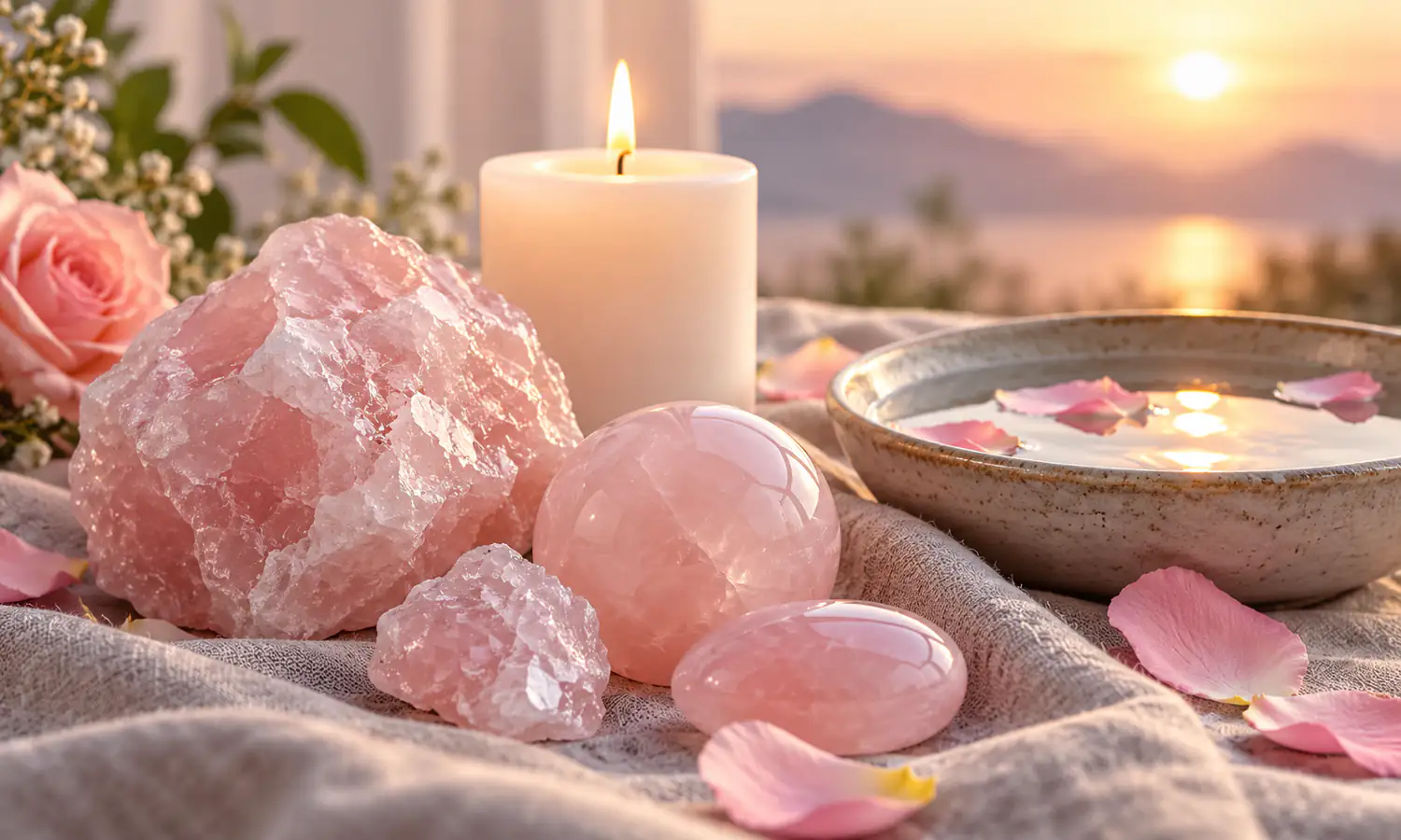 Rose quartz crystals, pink candle and roses in a gentle self-love setting