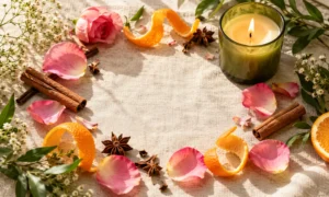 Open doorway, flowers and candle symbolizing attraction and new possibilities