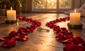 Two candles and a clear path of rose petals symbolizing a come-to-me ritual