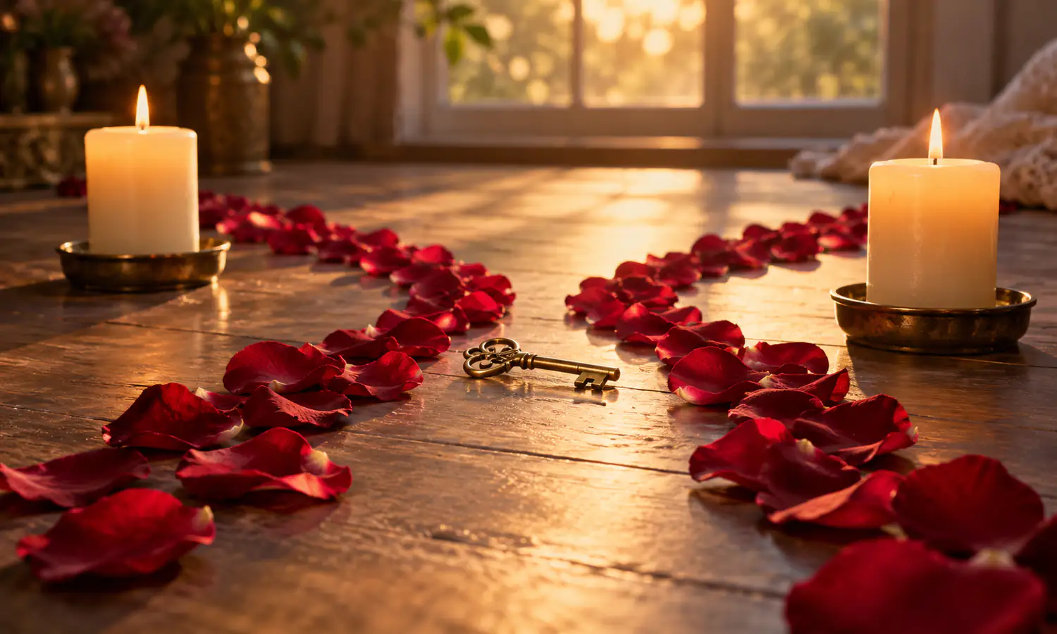 Two candles and a clear path of rose petals symbolizing a come-to-me ritual