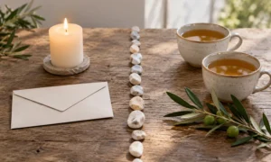 Two candle arrangements separated by an open journal comparing return and reconciliation intentions