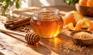 Honey jar, flowers and candle illustrating a traditional sweetening ritual